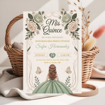 Sage Green Quinceañera Gold Crown Butterfly 