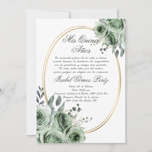 Sage green Quinceanera invitation in Spanish (Front)