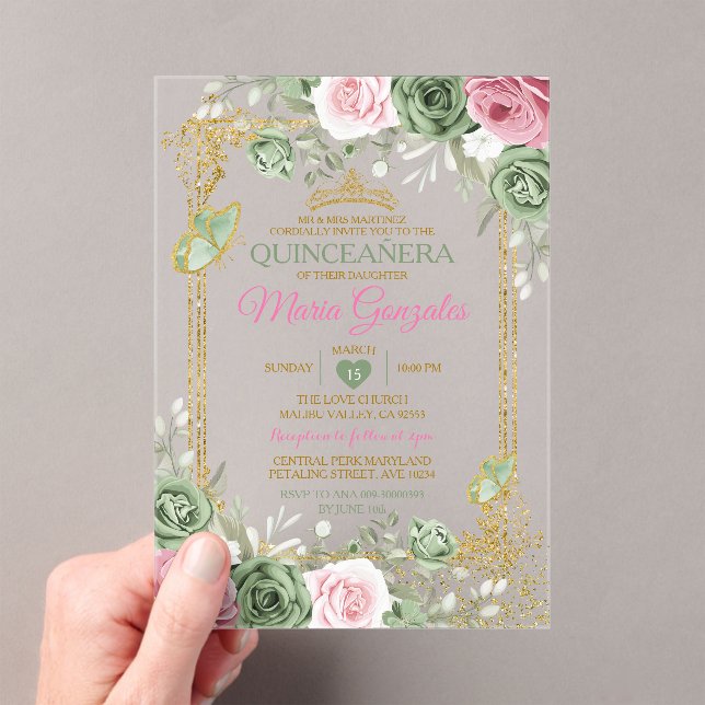 Sage Green Quinceañera Pink Gold Crown Butterfly Acrylic Invitations (Insitu (Handheld))