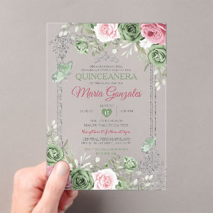 Sage Green Quinceañera Pink Silver Crown Butterfly Acrylic Invitations