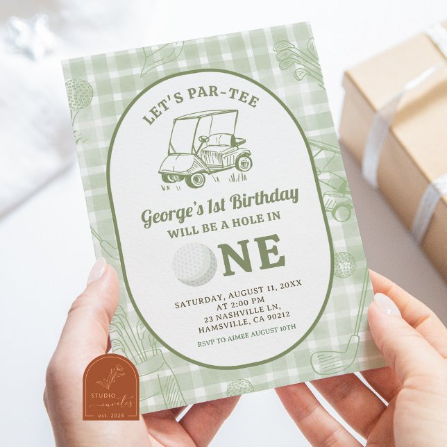 Sage Green Quirky Gingham Golf First Birthday  Invitation (Creator Uploaded)
