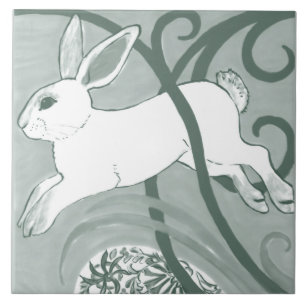 Sage Green Rabbit Art Deco Bunny Pattern Unique Tile