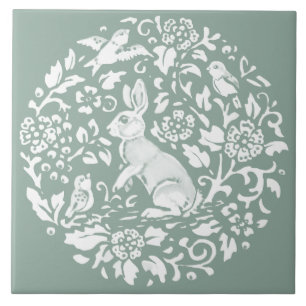 Sage Green Rabbit Bunny Circular Pattern Unique Tile