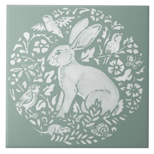 Sage Green Rabbit Hare Forest Creatures Circle  Tile (Front)