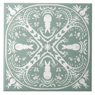 Sage Green Rabbit Intricate Bunny Pattern Unique Tile