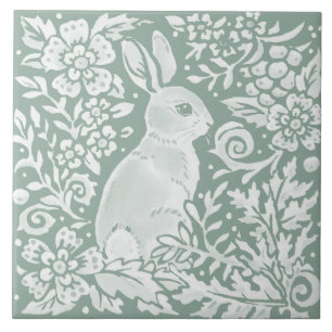 Sage Green Rabbit Woodland Scene Floral Fern Tile