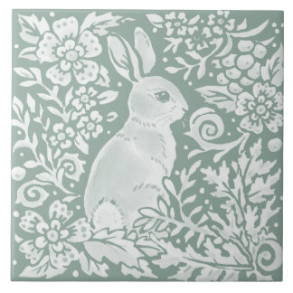 Sage Green Rabbit Woodland Scene Floral Fern Tile