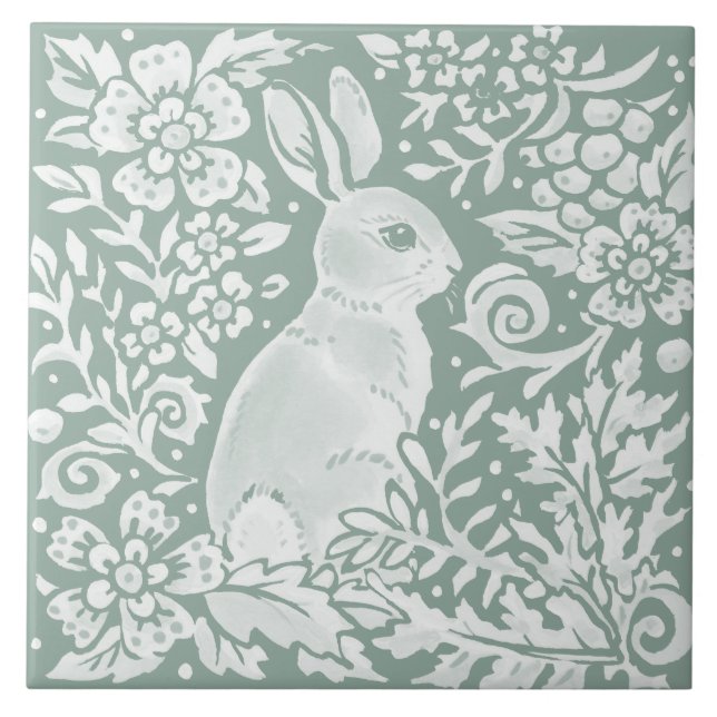Sage Green Rabbit Woodland Scene Floral Fern Tile (Front)