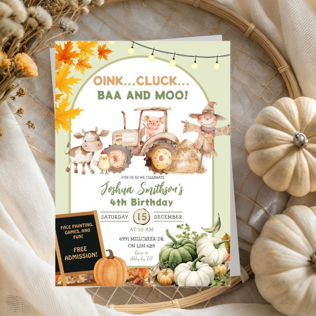 Sage Green Ranch Farm Animals Pumpkin Birthday Invitation (Creator Uploaded)