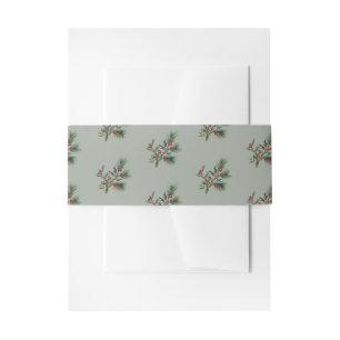 Sage Green Red Berries Christmas Holiday Invitation Belly Band