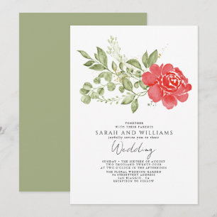 Sage Green Red Floral Boho Wedding  Invitation