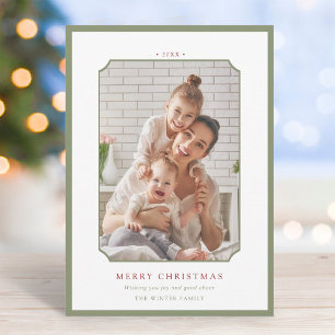 Sage Green & Red Minimal Merry Christmas Photo Holiday Card