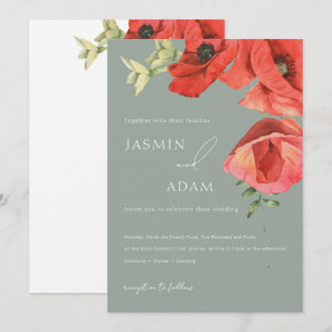 Sage Green Red Poppy Floral Wedding Invitation