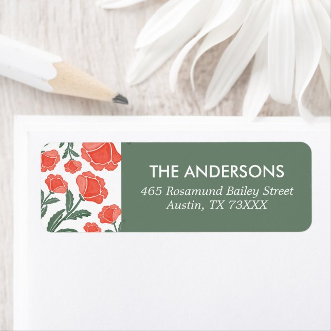 Sage Green Red Watercolour Floral Return Address (Insitu)