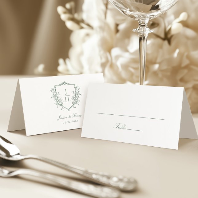 Sage Green Regency Floral Crest Monogram Wedding  Place Card (Creator Uploaded)
