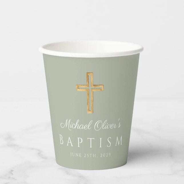Sage Green Religious Cross Boy Baptism Paper Cups (Front)