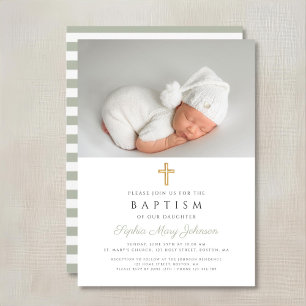  Sage Green Religious Cross Photo Baptism Invitation