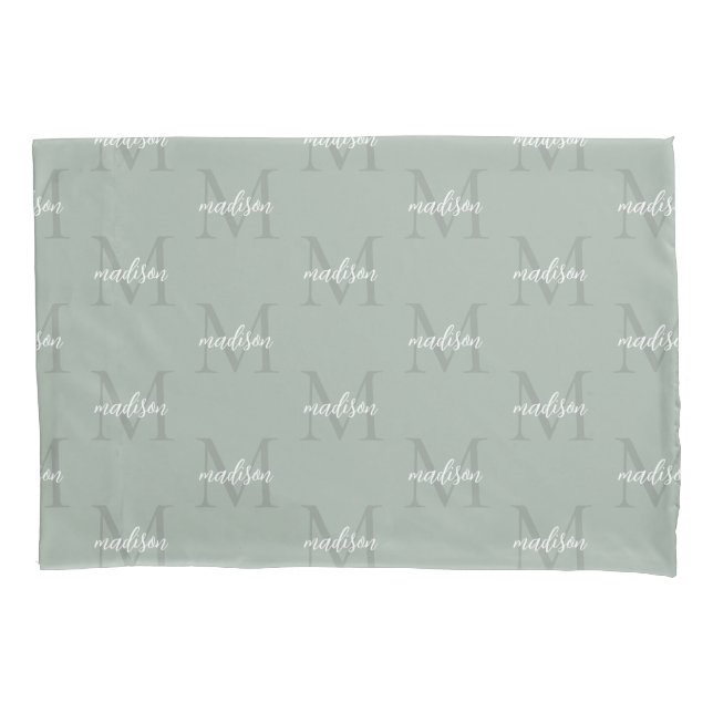 Sage Green Repeating Monogram Personalised Name Pillowcase (Front)