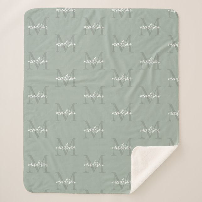 Sage Green Repeating Monogram Personalised Name Sherpa Blanket (Front)