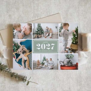 Sage Green Retro 2027 Six Photo Collage New Year Holiday Card