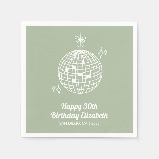 Sage Green Retro Disco Ball Birthday Party Napkins (Front)