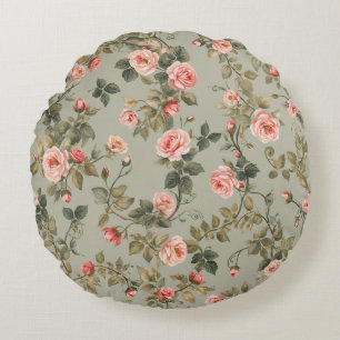 Sage Green Retro Maximalist Floral Round Cushion