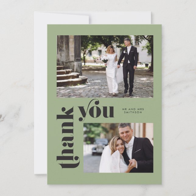 Sage Green Retro Photo Wedding Thank You Card (Front)