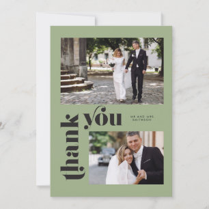 Sage Green Retro Photo Wedding Thank You Card
