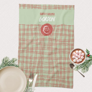 Sage Green Retro Plaid Santa Helper Christmas Tea Towel
