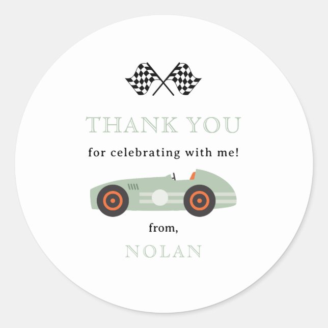 Sage Green Retro Race Car Theme Thank You Classic Round Sticker (Front)