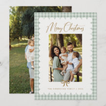 Sage Green Retro Scalloped Gingham Photo Christmas