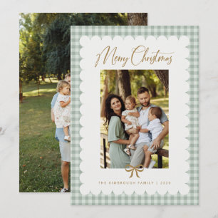 Sage Green Retro Scalloped Gingham Photo Christmas Holiday Card