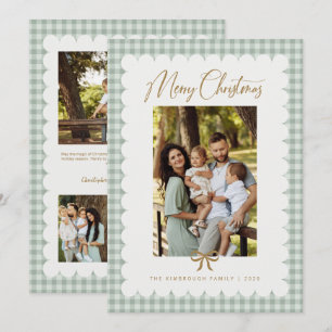 Sage Green Retro Scalloped Gingham Photo Christmas Holiday Card