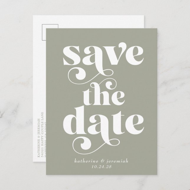 Sage Green Retro Typography Wedding Save the Date Announcement Postcard (Front/Back)