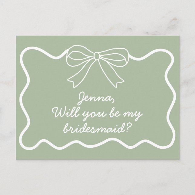 Sage Green Retro Wavy Bridesmaid Proposal Postcard (Front)