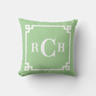 Sage Green Reverse Chinoiserie Greek Key Monogram Cushion
