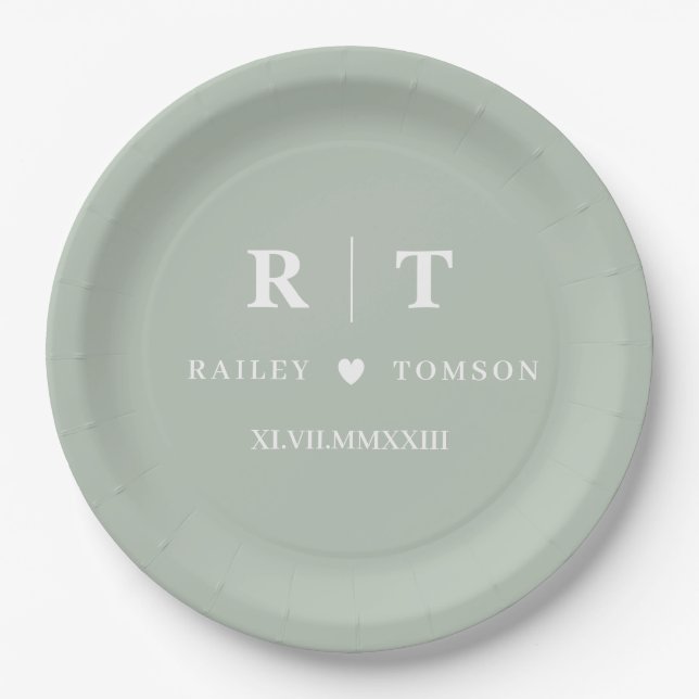Sage Green Roman Numerals Minimalist Monogram Paper Plate (Front)