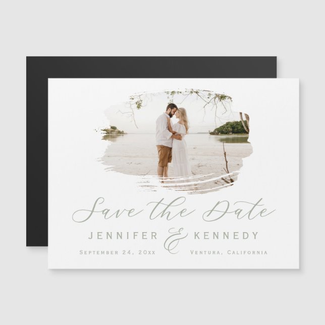 Sage Green Romantic Brushed Frame Save The Date Magnetic Invitation (Front/Back)