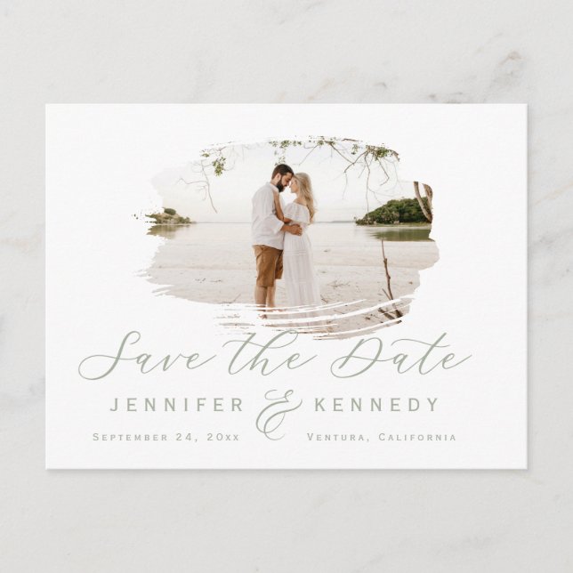 Sage Green Romantic Brushed Frame Save The Date Postcard (Front)