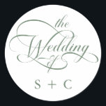 Sage Green Romantic Classy Calligraphy Wedding Classic Round Sticker<br><div class="desc">Simple sage green and white wedding sticker features elegant,  romantic swirly calligraphy lettering with initials. For more advanced customisation of this design,  please click the BLUE DESIGN TOOL BUTTON above!</div>