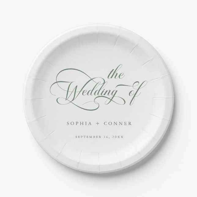 Sage Green Romantic Classy Calligraphy Wedding  Paper Plate (Front)