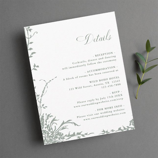 Sage Green Romantic Floral Garden Wedding Details Enclosure Card (Creator Uploaded)