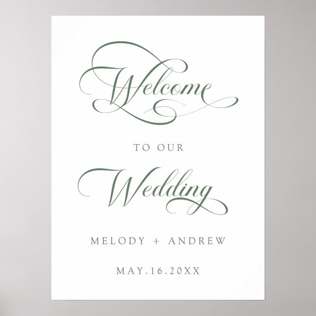 Sage Green Romantic Script Wedding Welcome Sign (Front)
