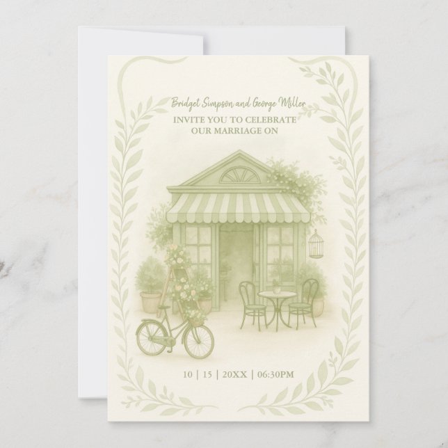 sage green romantic wedding outdoor café invitation (Front)