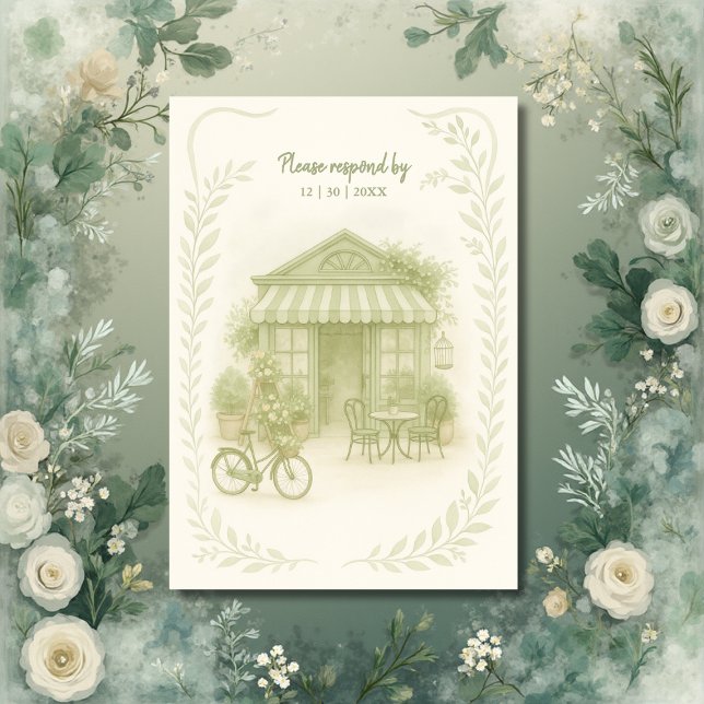 sage green romantic wedding outdoor café RSVP card (Creator Uploaded)