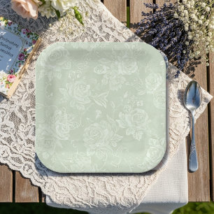 Sage Green Rose Garden Party Paper Plate
