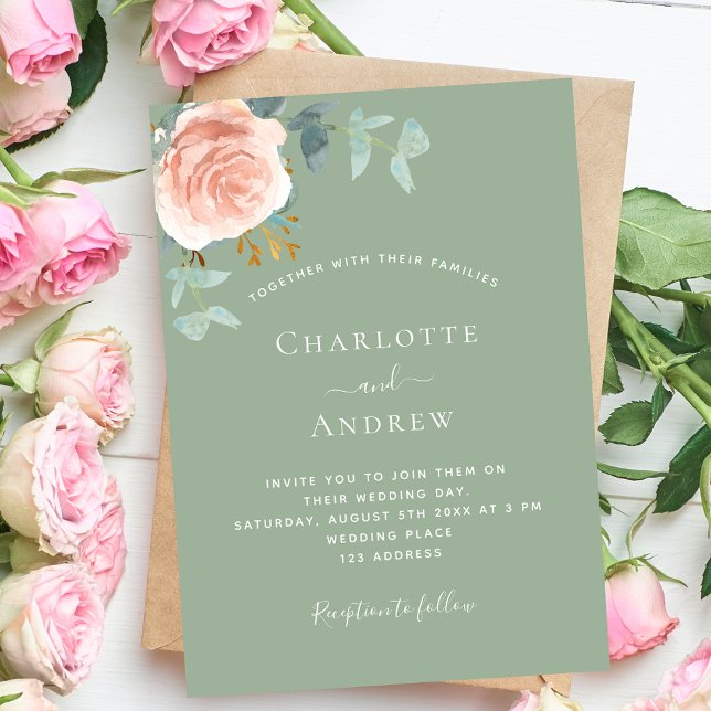 Sage green rose gold blush luxury wedding invitation (Creator Uploaded)
