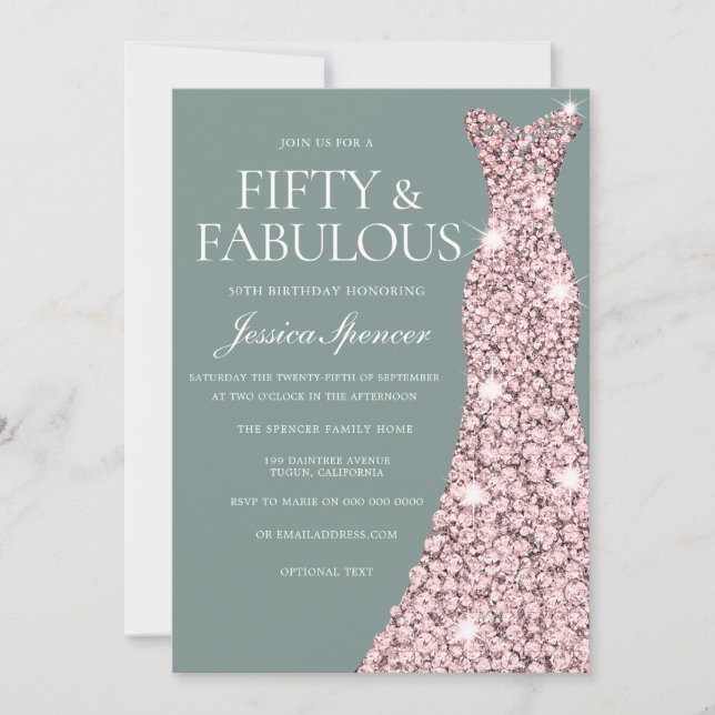 Sage Green Rose Gold Dress Fabulous 50th Birthday Invitation (Front)