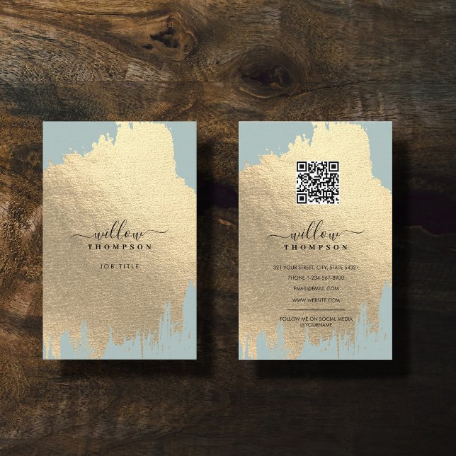 Sage Green Rose Gold Foil Brush Stroke QR Code Business Card (Sage Green Rose Gold Foil Brush Stroke QR Code Business Card)