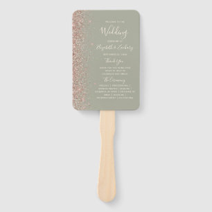Sage Green Rose Gold Glitter Edge Wedding Program Hand Fan